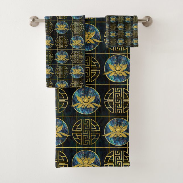 Luxury Chinese Golden Lotus on Abalone Bath Towel Set (Insitu)