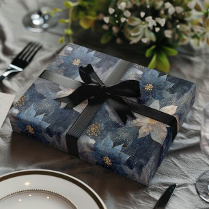 Luxury Christmas Blue and White Poinsettia Gift Wrapping Paper Sheet