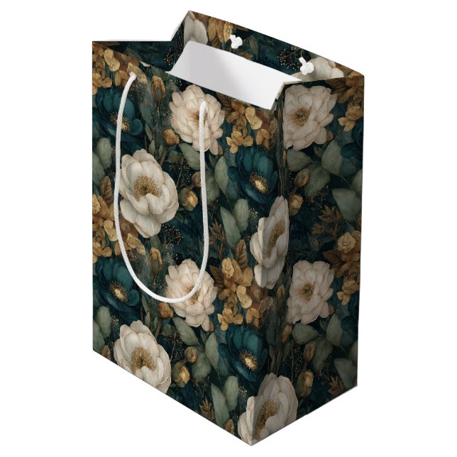 Luxury Christmas Green Gold and Cream Floral Medium Gift Bag (Back Angled)