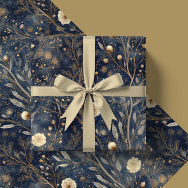 Luxury Christmas Navy and Cream Floral Gift  Wrapping Paper (Creator Uploaded)