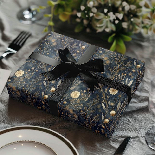 Luxury Christmas Navy and Cream Floral Gift  Wrapping Paper Sheet (Creator Uploaded)