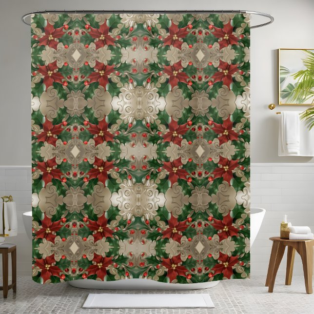 Luxury Christmas Poinsettia Holly Festive Holiday  Shower Curtain (Creator Uploaded)