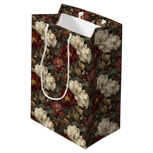 Luxury Christmas Red and Winter White Floral Medium Gift Bag (Back Angled)