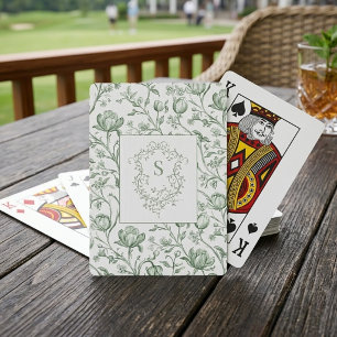 Luxury Classic Sage French Toile Monogram Crest Playing Cards