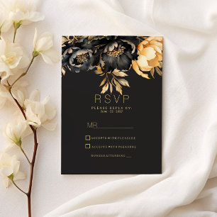 Luxury classy black gold peony floral RSVP Invitation