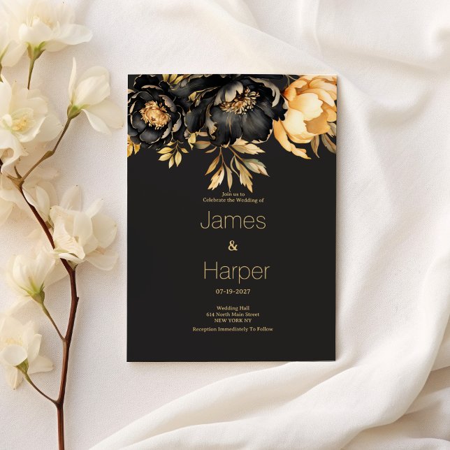 Luxury classy black gold peony floral Wedding  Invitation (Luxury classy black gold peony floral Wedding)