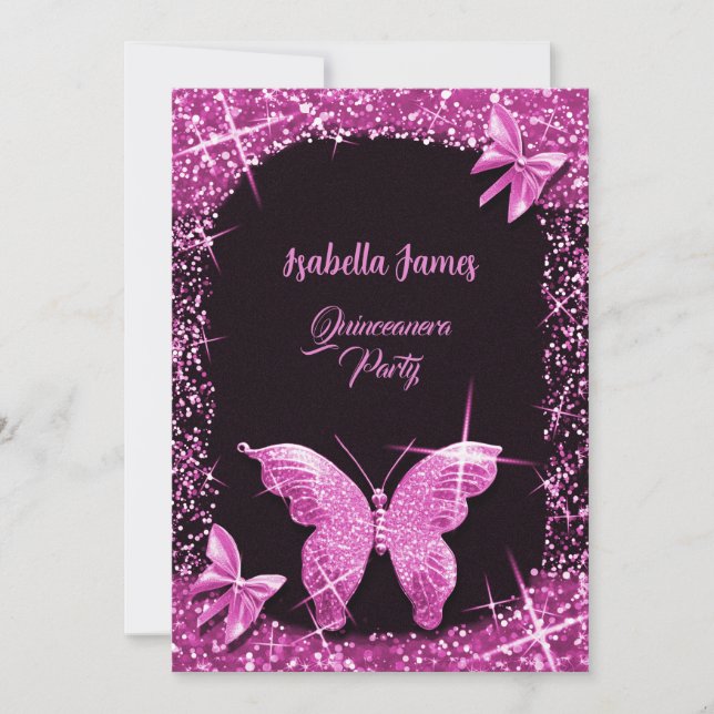 luxury classy glitter black pink Butterfly elegant Invitation (Front)