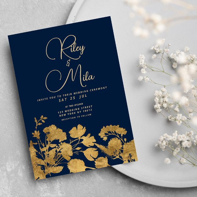 Luxury classy navy blue gold wildflower Wedding Invitation (Luxury classy navy blue gold wildflower Wedding)