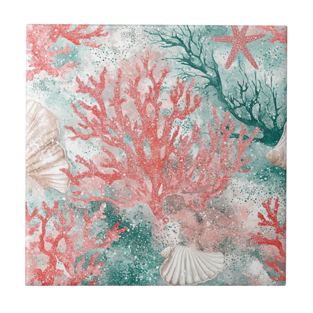 Luxury Coastal Coral Pattern Ceramic Tile (Front)
