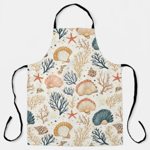 Luxury Coastal Seashell Blue Coral Peach Pattern Apron