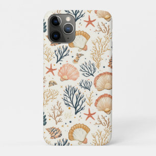 Luxury Coastal Seashell Blue Coral Peach Pattern iPhone 11 Pro Case