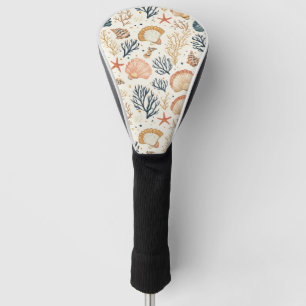 Luxury Coastal Seashell Blue Coral Peach Pattern Golf Head Cover