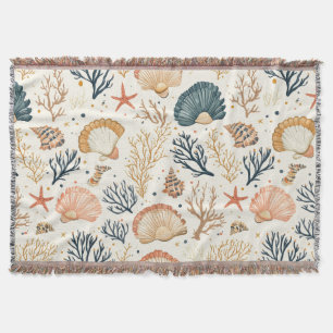 Luxury Coastal Seashell Blue Coral Peach Pattern Throw Blanket