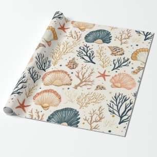 Luxury Coastal Seashell Blue Coral Peach Pattern Wrapping Paper