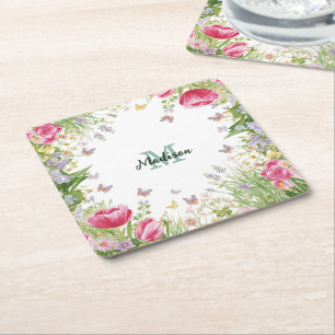 Luxury Colourful Wildflower Flower blue butterfly Square Paper Coaster