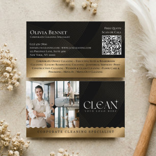 Luxury Commercial Cleaning QR Code Black Gold Business Card