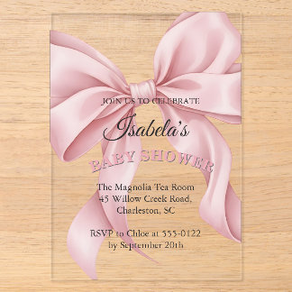 Luxury Coquette Pink Bow Baby Shower Girl Acrylic Invitations