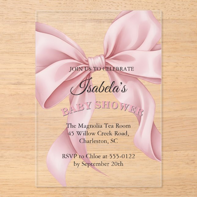 Luxury Coquette Pink Bow Baby Shower Girl Acrylic Invitations (Front)