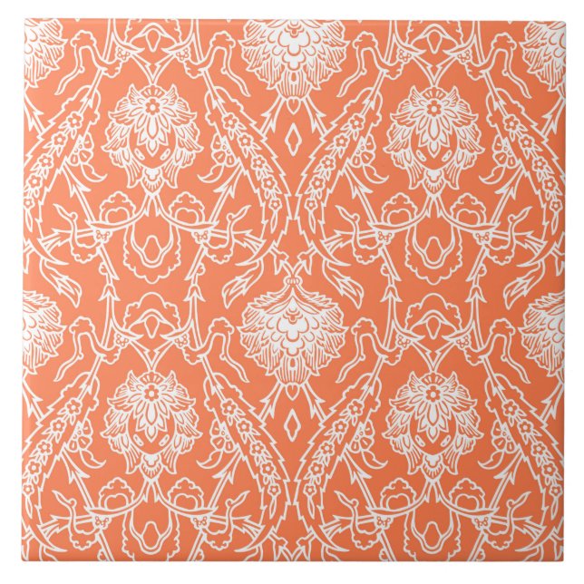 Luxury Coral and White Damask Pattern Decorative Ceramic Tile (Front)