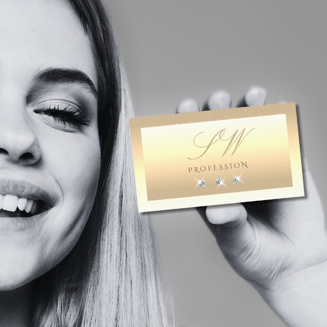 Luxury Cream Beige Ombre Sparkle Diamonds Monogram Business Card (Creator Uploaded)