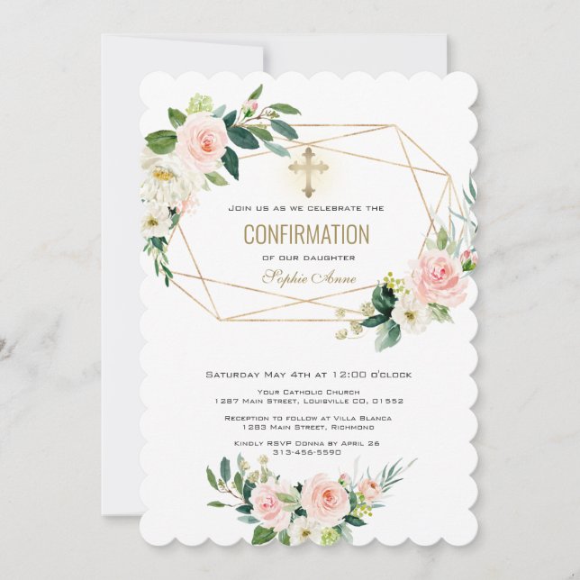 Luxury Cream Blush Floral Gold Cross Confirmation Invitation (Front)