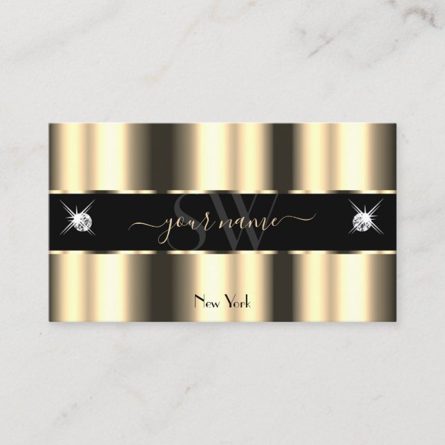 Luxury Cream Golden Black Sparkle Jewels Initials Business Card (Front)