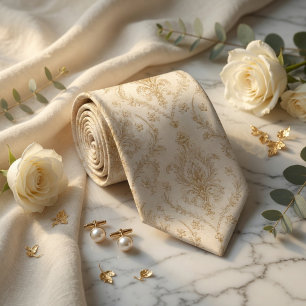 Luxury Cream Ivory and Antique Gold Baroque Damask Tie