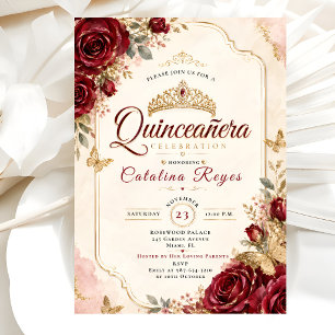 Luxury Crimson & Gold Roses Quinceañera Invitation
