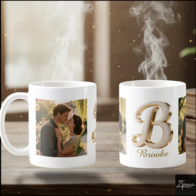 Luxury Cursive Gold White Initial  B + 2 PHOTO Coffee Mug (Creator Uploaded)