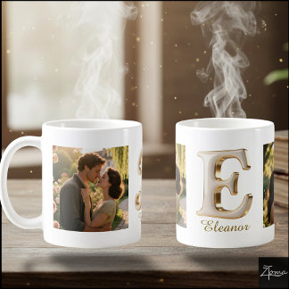 Luxury Cursive Gold White Initial E + 2 PHOTO Coffee Mug