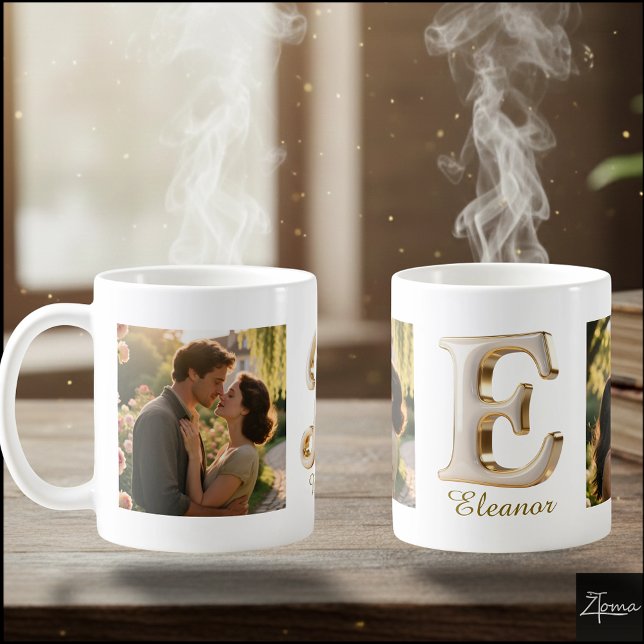 Luxury Cursive Gold White Initial  E + 2 PHOTO Coffee Mug (Creator Uploaded)