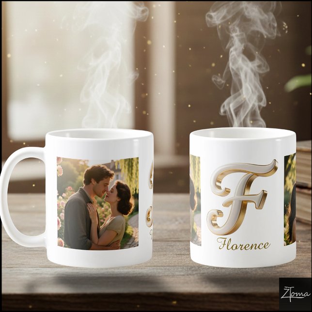 Luxury Cursive Gold White Initial  F + 2 PHOTO Coffee Mug (Creator Uploaded)