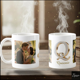 Luxury Cursive Gold White Initial Q + 2 PHOTO Coffee Mug