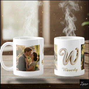 Luxury Cursive Gold White Initial W + 2 PHOTO Coffee Mug