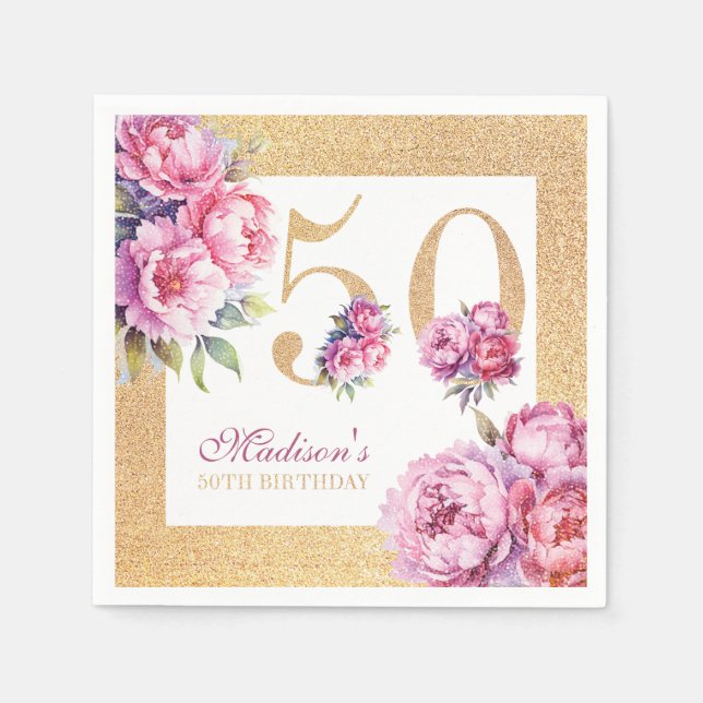Luxury Custom 50th Birthday Pink Gold Glitter Napkin (Front)
