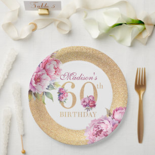 Luxury Custom 60th Birthday Peonies Gold Glitter Paper Plate
