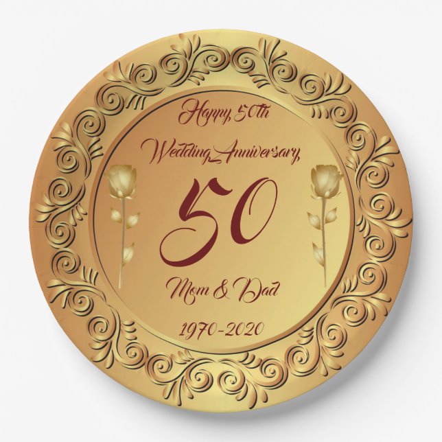 Luxury Customise  Happy Gold 50th Anniversary Paper Plate (Front)