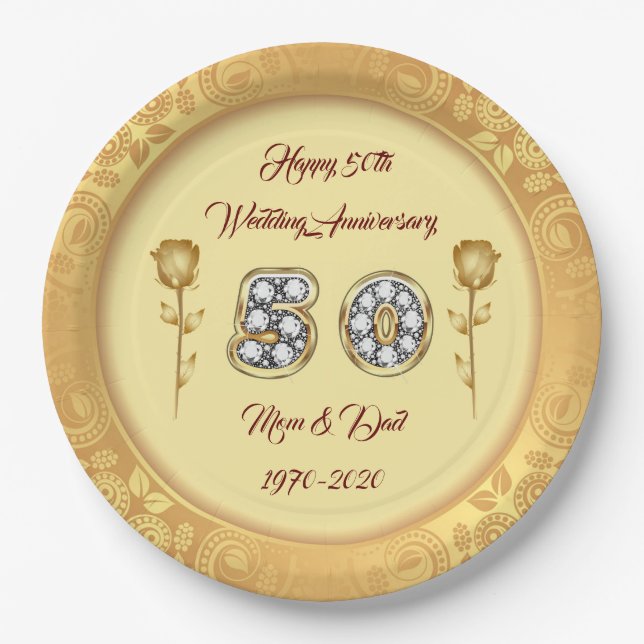 Luxury Customise  Happy Gold 50th Anniversary Paper Plate (Front)