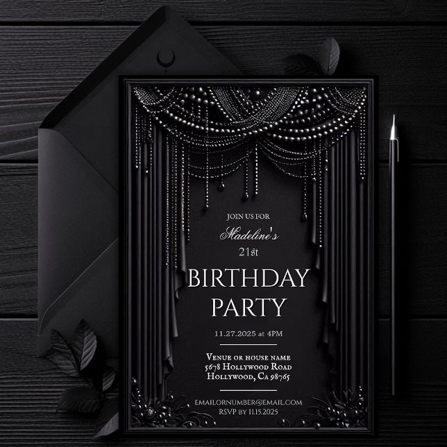 Luxury Dark Birthday Invitation, Gothic Black 5x7  Invitation (Luxury Dark Birthday Invitation Template, Modern Black Elegant Birthday Party, Glam Chic Black Evite)
