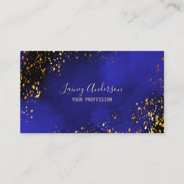Luxury dark blue black and faux gold foil glitter business card (Front)