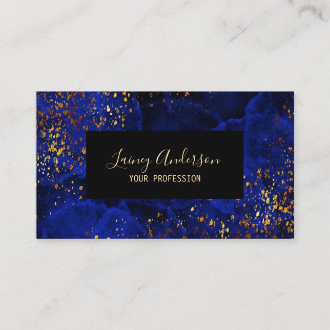 Luxury dark blue black and faux gold foil glitter business card (Front)