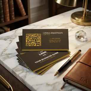Luxury Dark Brown Textured QR Code Minimal Gold Business Card