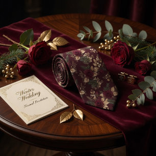 Luxury Dark Burgundy Rose Winter Botanical Floral Tie