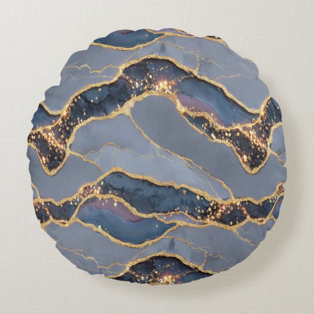 Luxury Dark Gray Marble Texture with Gold Veins Round Cushion (Front)