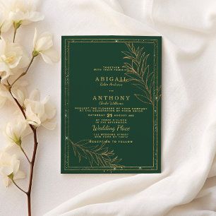 Luxury dark green gold glitter leaf floral Wedding Invitation