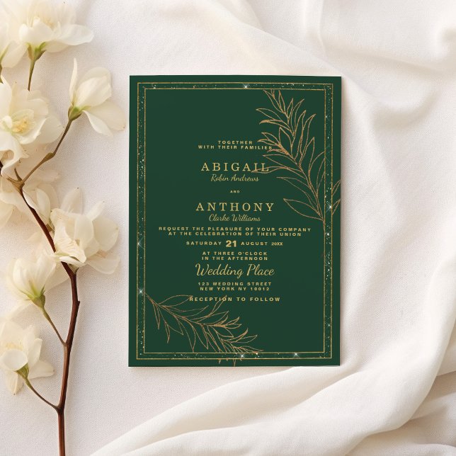 Luxury dark green gold glitter leaf floral Wedding Invitation (Luxury dark green gold glitter leaf floral Wedding)