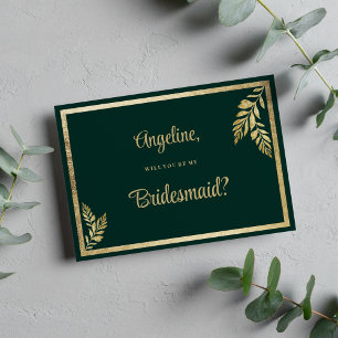 Luxury dark green golden leaf frame Bridesmaid Invitation