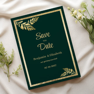 Luxury dark green golden leaf frame Save the Date Invitation