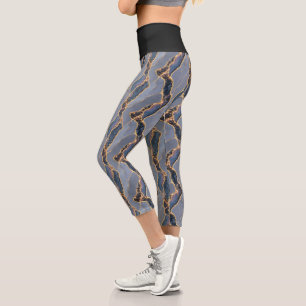 Luxury Dark Grey Marble Texture with Gold Veins Capri Leggings