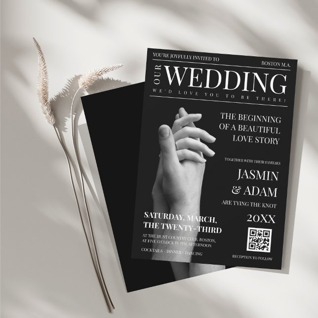 Luxury Dark Mode Magazine Wedding Invitation (Magazine Black Dark Mode Newspaper Photo Wedding Invitation)